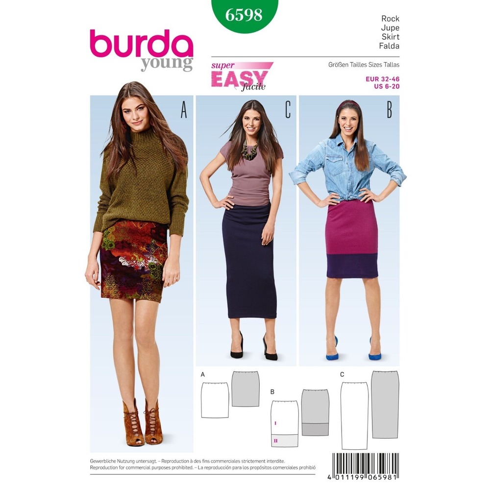 Burda Young Sewing Pattern 6598 Women Size 6-20 Pencil Mini Skirt Stretch Knit
